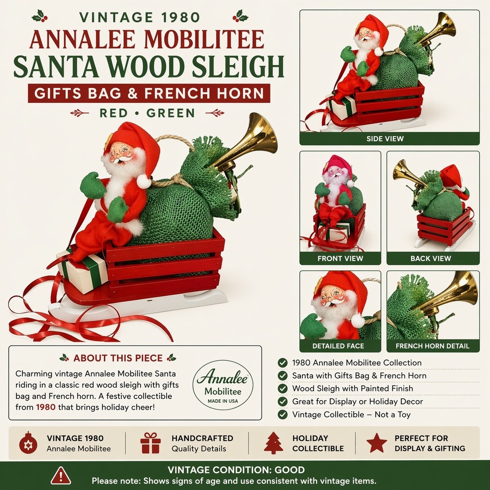 Vintage 1980 Annalee Mobilitee Santa Wood Sleigh Gift‎ Bag French Horn Red Green